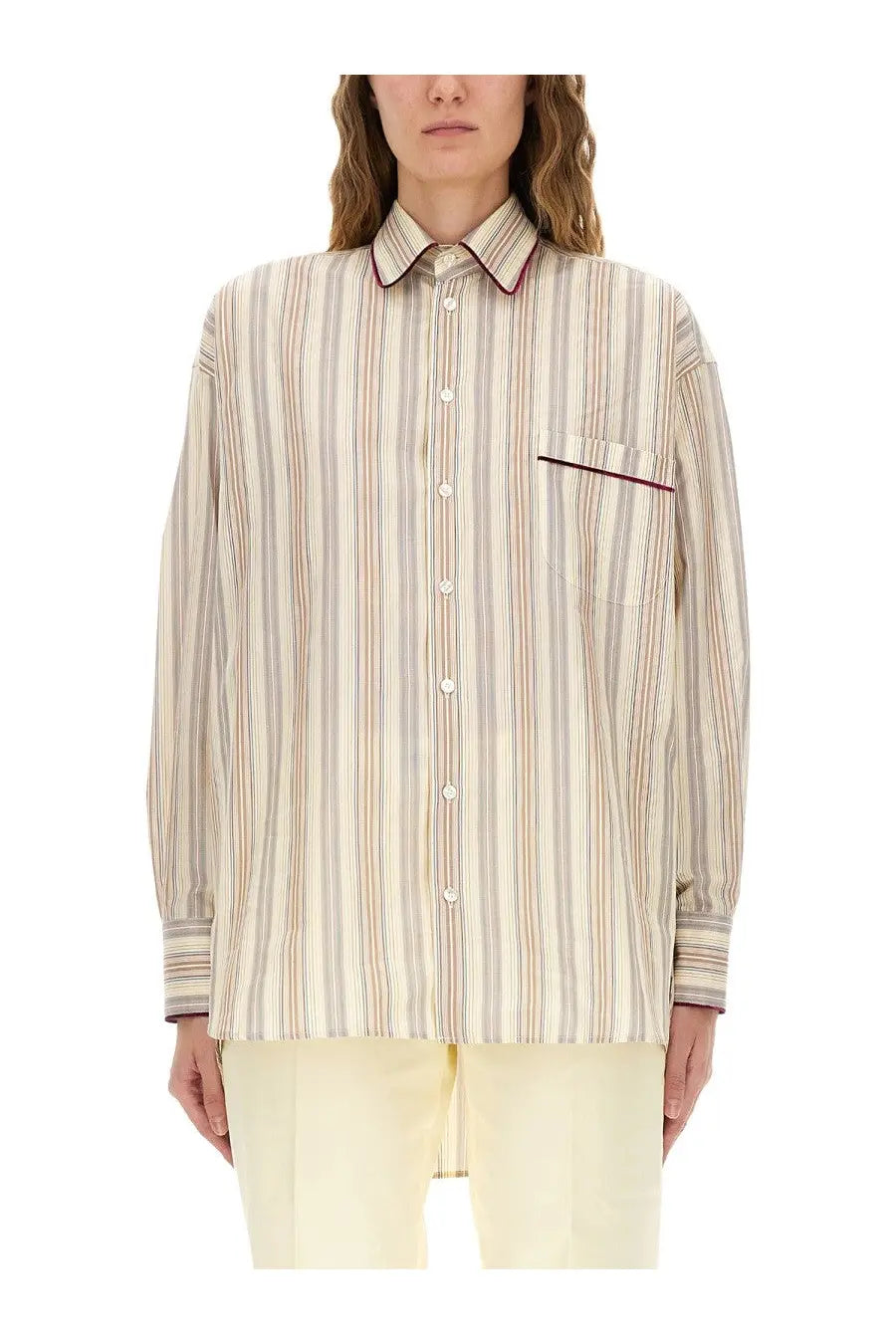 Etro womens striped cotton shirt in beige cream earth tones with red trim