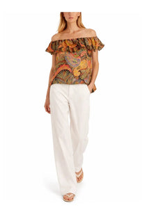 Etro women’s off-the-shoulder top with vibrant orange brown gold paisley pattern and ruffled sleeves and hem