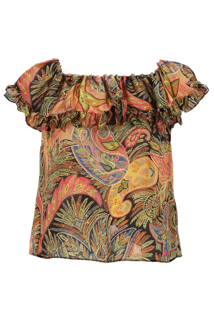 Etro women’s off the shoulder blouse with bold orange pink gold paisley pattern and ruffled sleeves on dark fabric