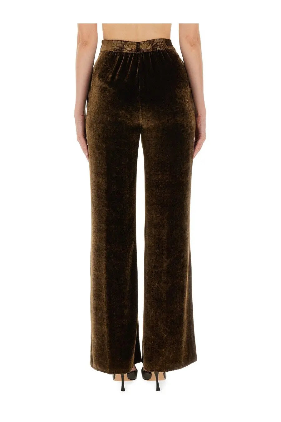 Etro brown velvet high-waisted wide-leg pants with gathered elastic waistband