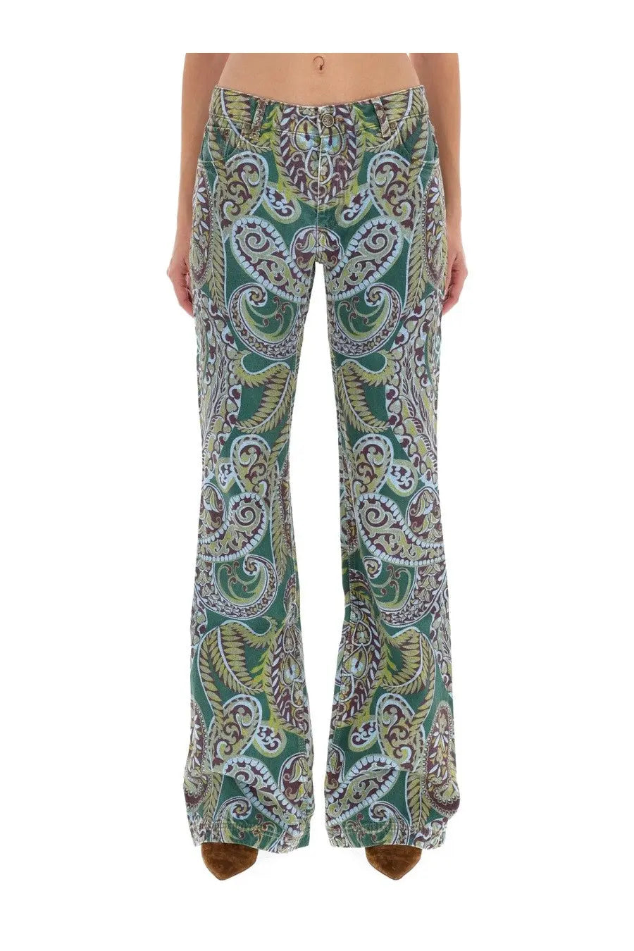Etro womens wide jeans blue green beige paisley flared trousers