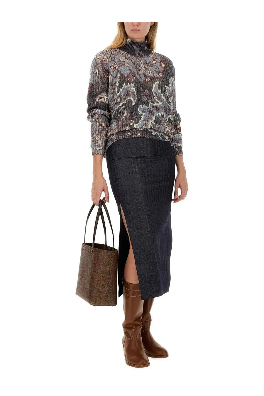 Brown textured leather tote bag with black handles showcased alongside etro womens grey wool blend pencil skirt