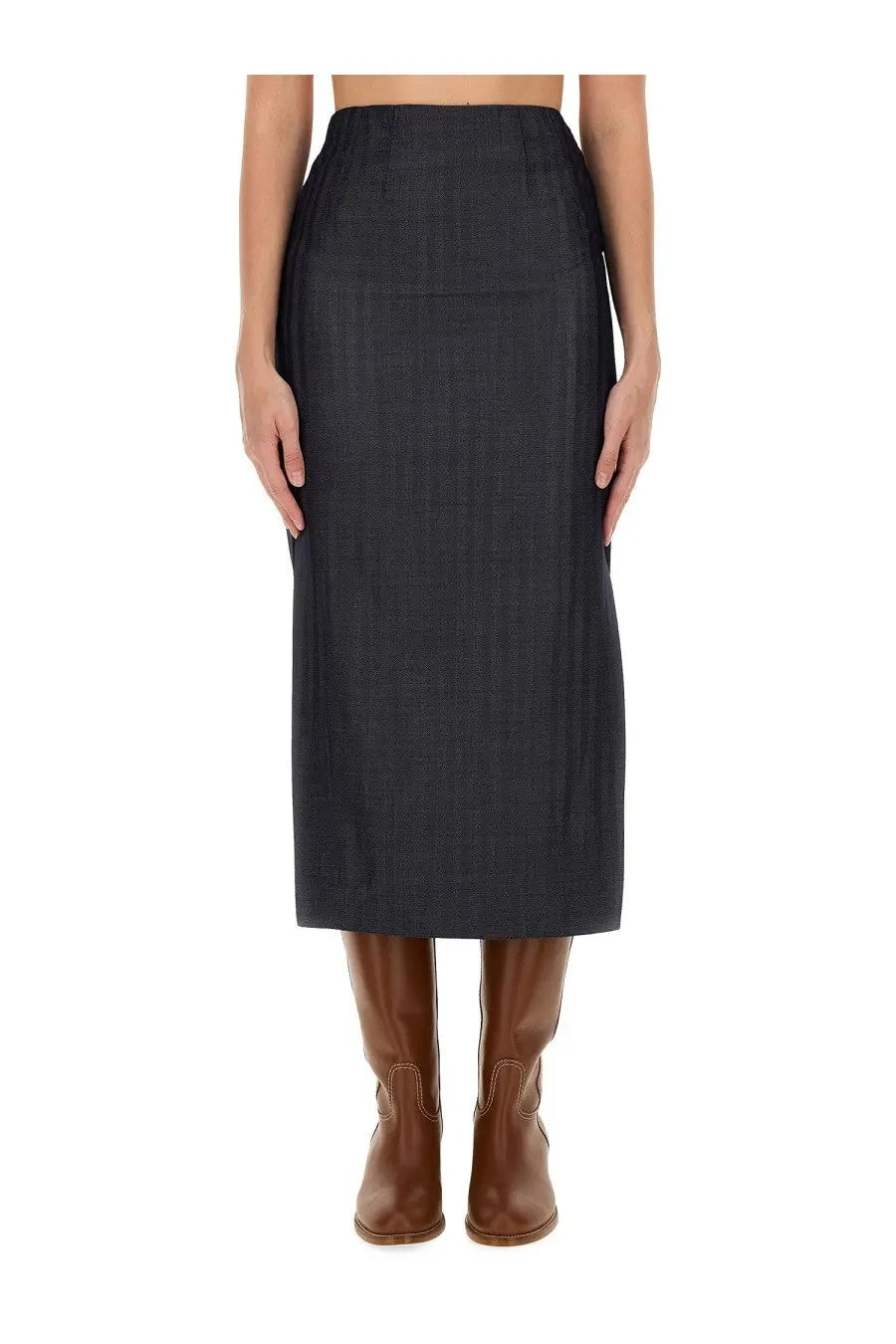 Etro women’s wool blend pencil skirt grey in dark gray with high waist midi length and subtle textured weave