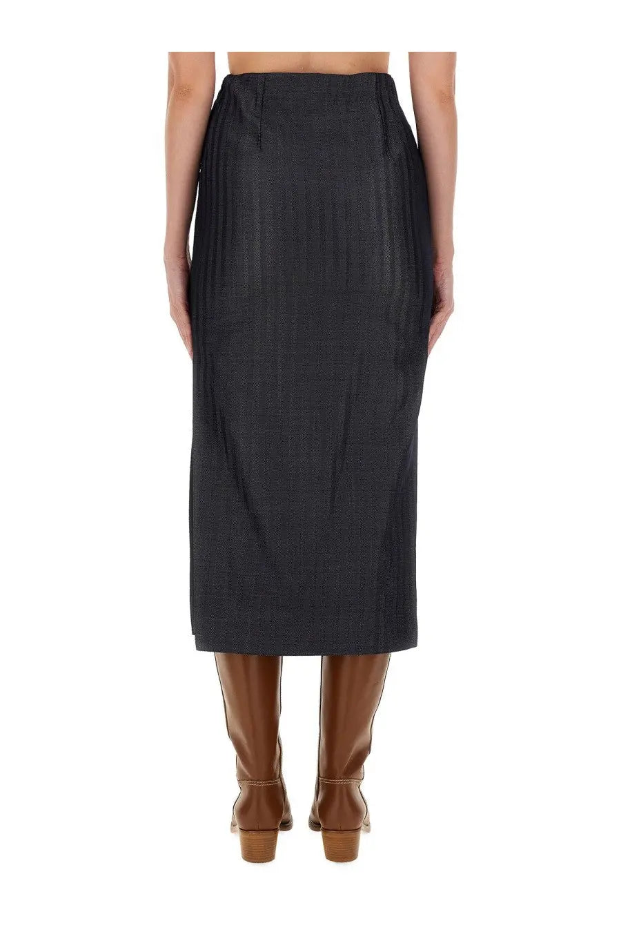 Etro women’s grey wool blend pencil skirt with high waistband and subtle textured pattern in black pleated midi style