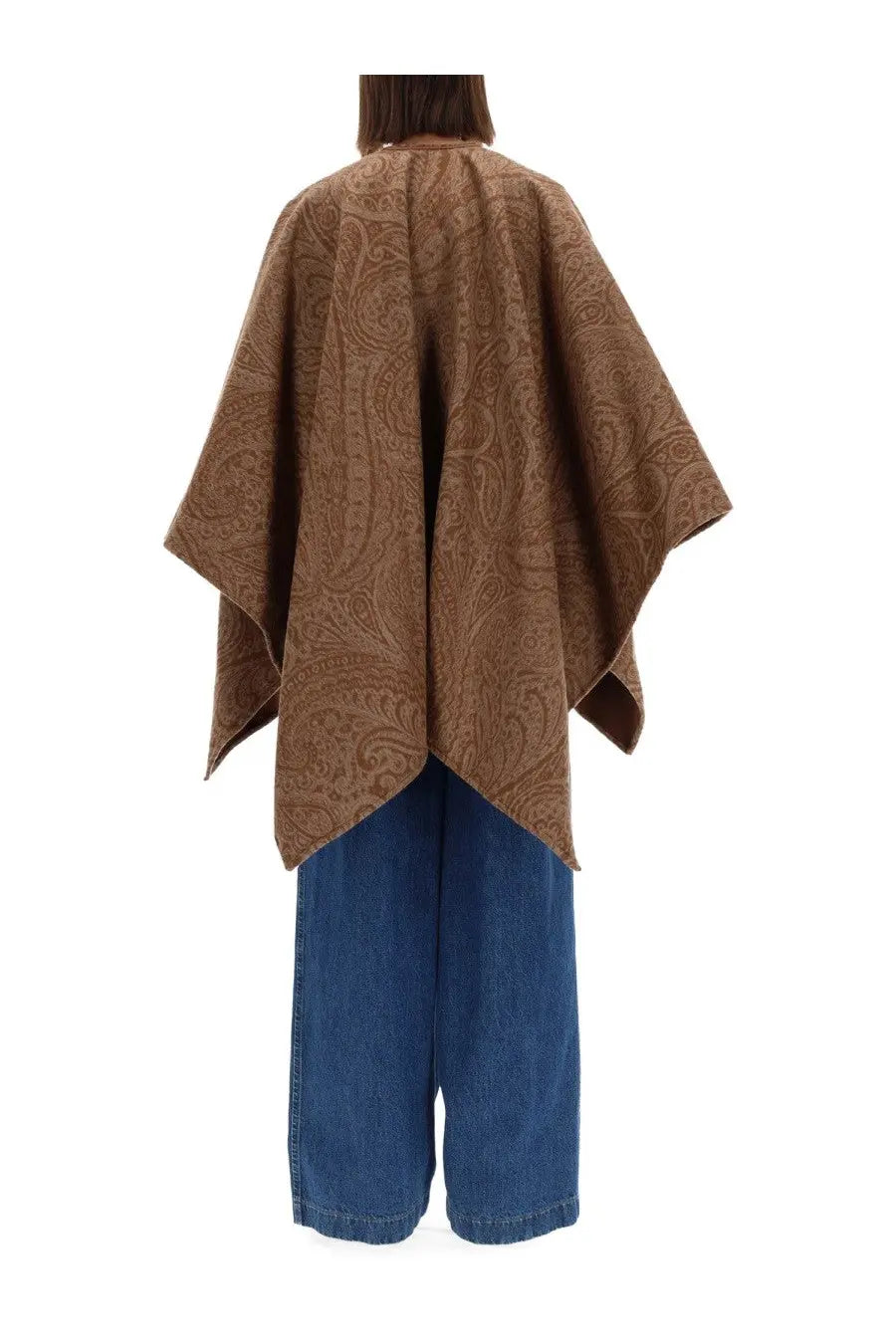 Etro women’s brown wool and cashmere cape with paisley pattern, soft textured weave, and wide flowing sleeves