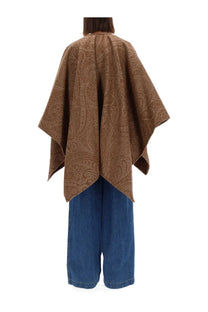 Etro women’s brown wool and cashmere cape with paisley pattern, soft textured weave, and wide flowing sleeves