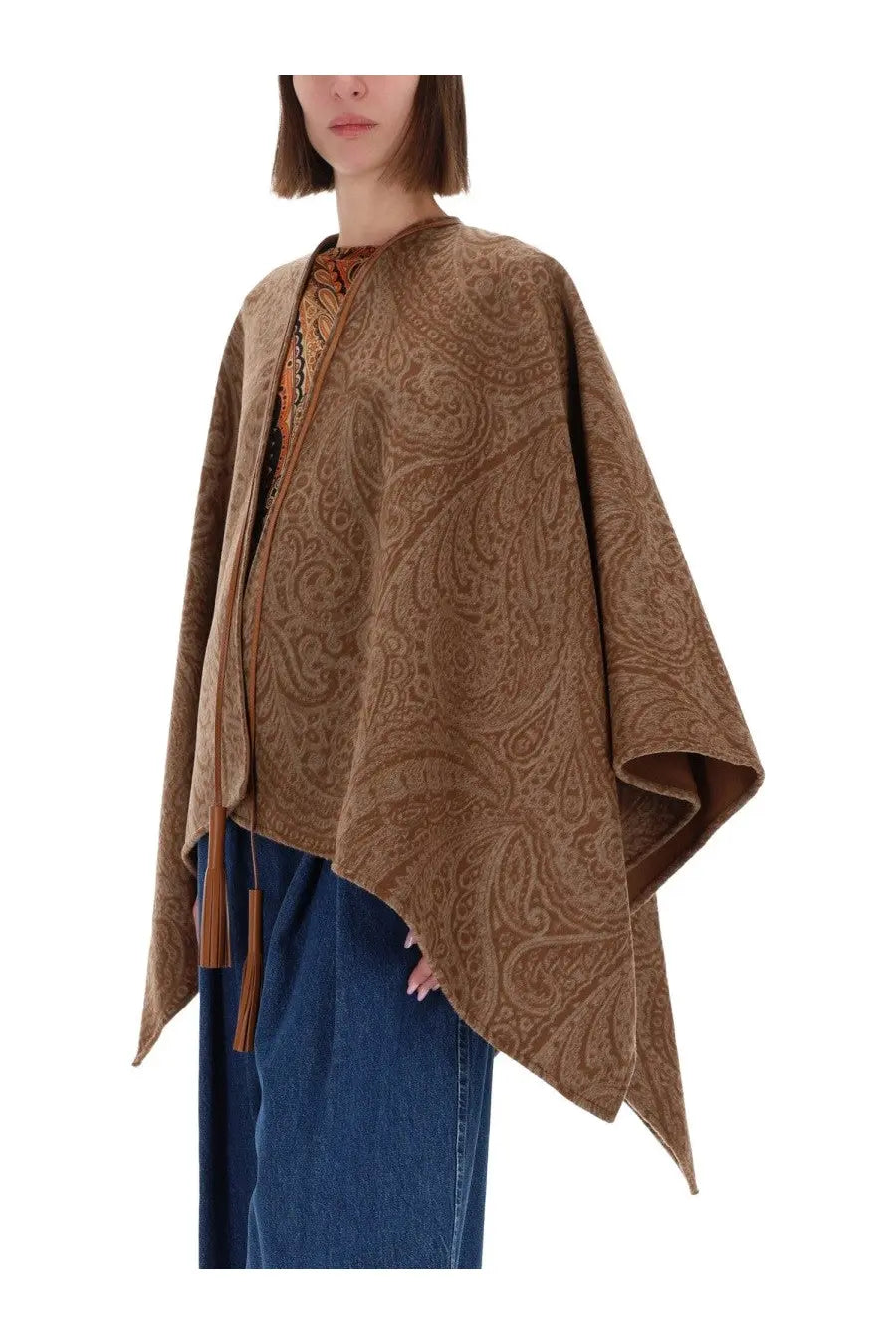 Etro women’s brown wool and cashmere cape with paisley pattern and tassel ties shown from the front