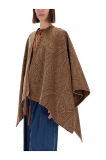 Etro women’s brown wool and cashmere cape with paisley pattern and tassel ties shown from the front