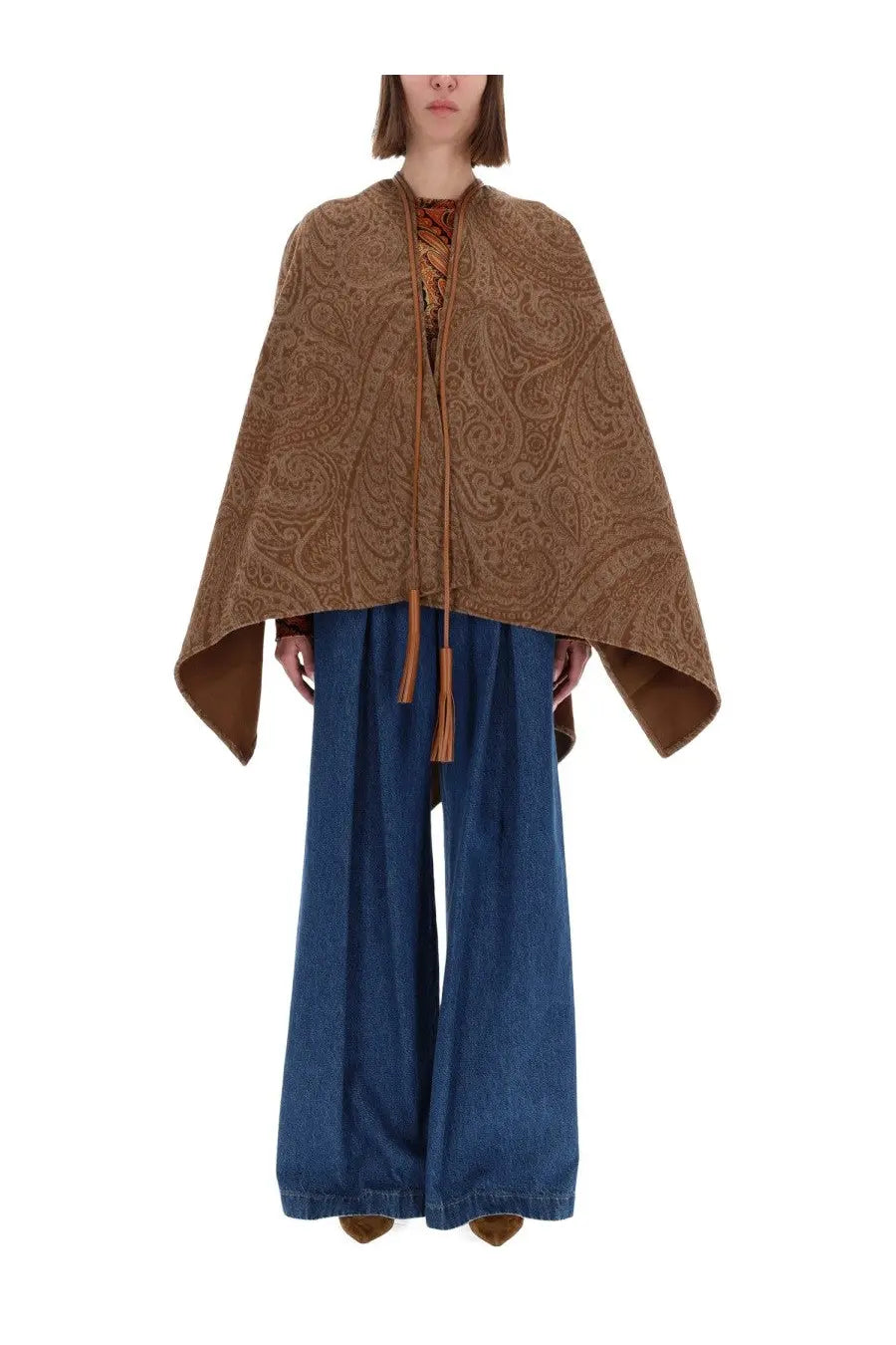 Etro women’s brown wool and cashmere cape with paisley pattern and matching tassels visible from the back side