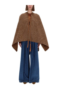 Etro women’s brown wool and cashmere cape with paisley pattern and matching tassels visible from the back side