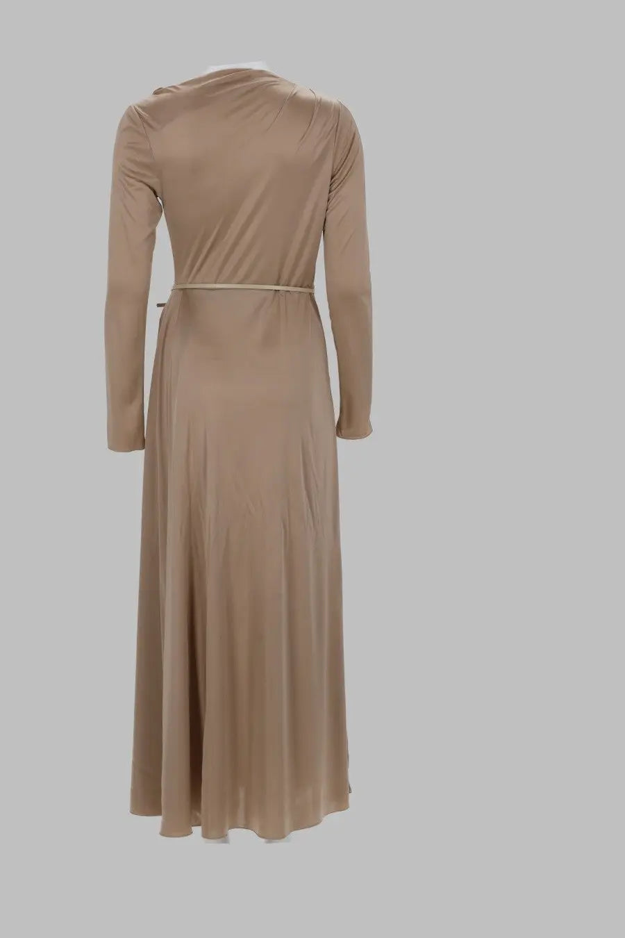 Fabiana Filippi women’s beige satin maxi dress with long sleeves wrapped neckline and thin matching waist belt