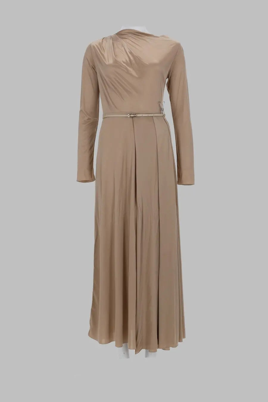 Fabiana Filippi women’s beige satin long sleeved dress with draped neckline and pleated skirt with belt