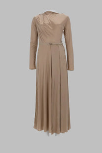 Fabiana Filippi women’s beige satin long sleeved dress with draped neckline and pleated skirt with belt