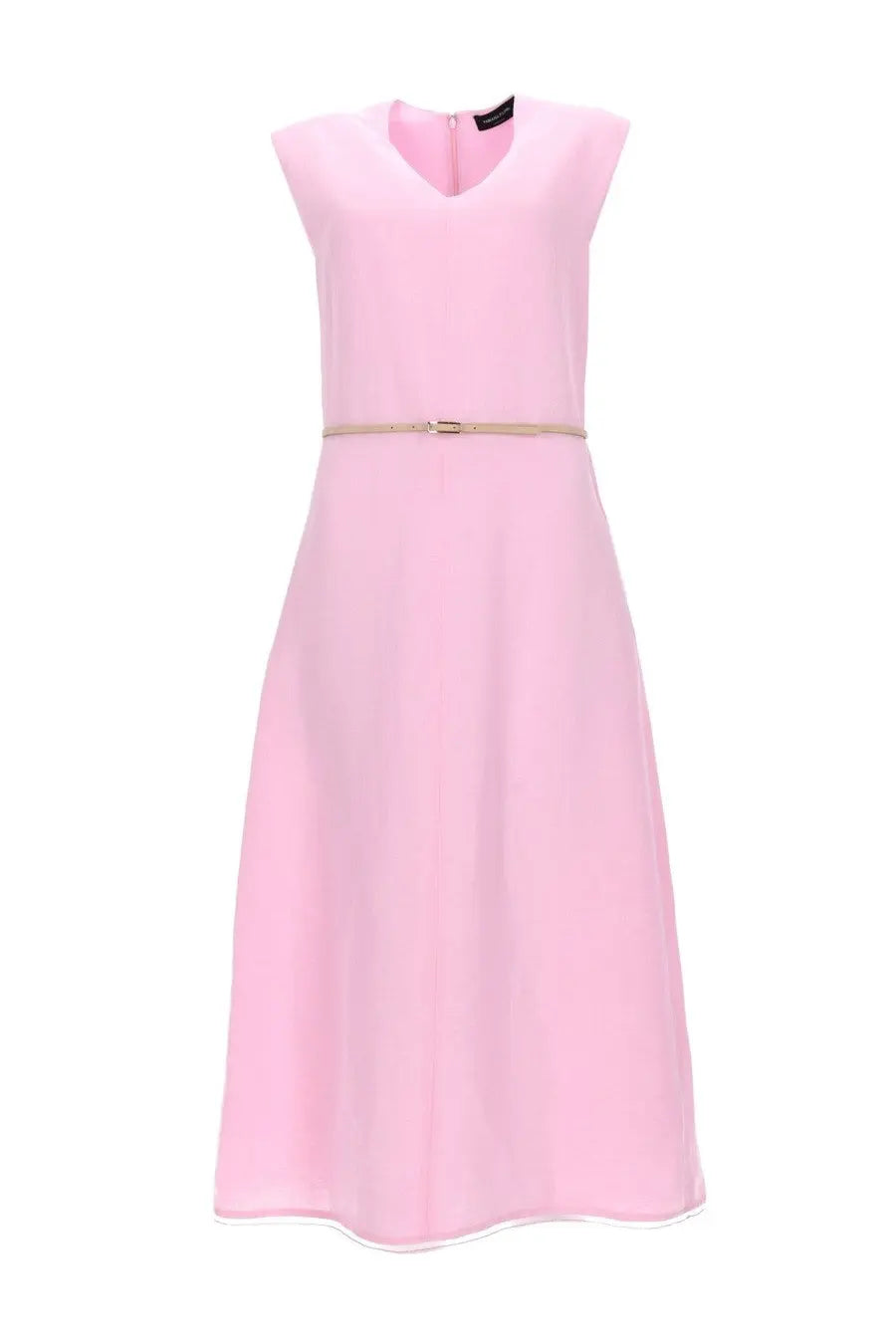 Fabiana Filippi women’s abito midi soft pink sleeveless viscose dress with v-neckline and beige waist belt