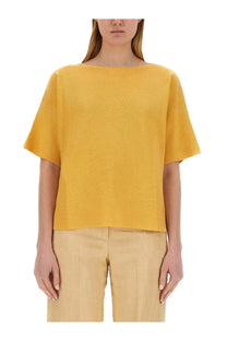 Fabiana Filippi women’s mustard-yellow short-sleeved cotton top with textured knit and boat-neck silhouette