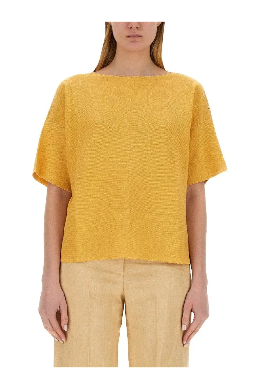 Fabiana Filippi women’s mustard yellow cotton knit top with textured fabric short flared sleeves and relaxed fit
