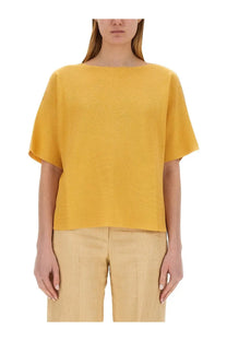 Fabiana Filippi women’s mustard yellow cotton knit top with textured fabric short flared sleeves and relaxed fit