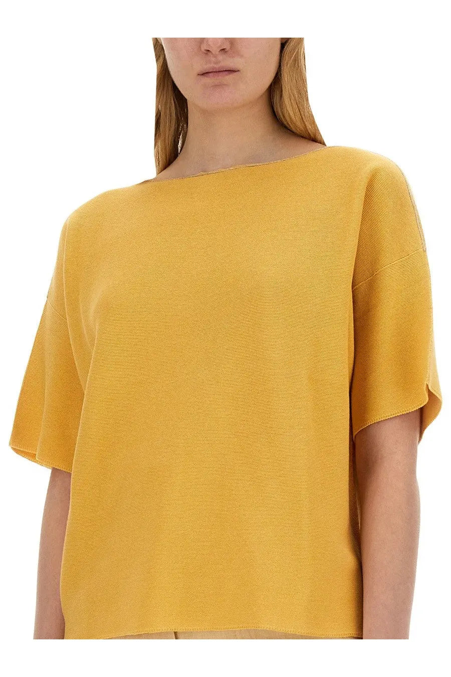 Fabiana Filippi women’s mustard yellow cotton knit top with relaxed fit and short fluttery sleeves