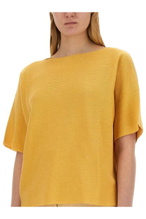 Fabiana Filippi women’s mustard yellow cotton knit top with relaxed fit and short fluttery sleeves