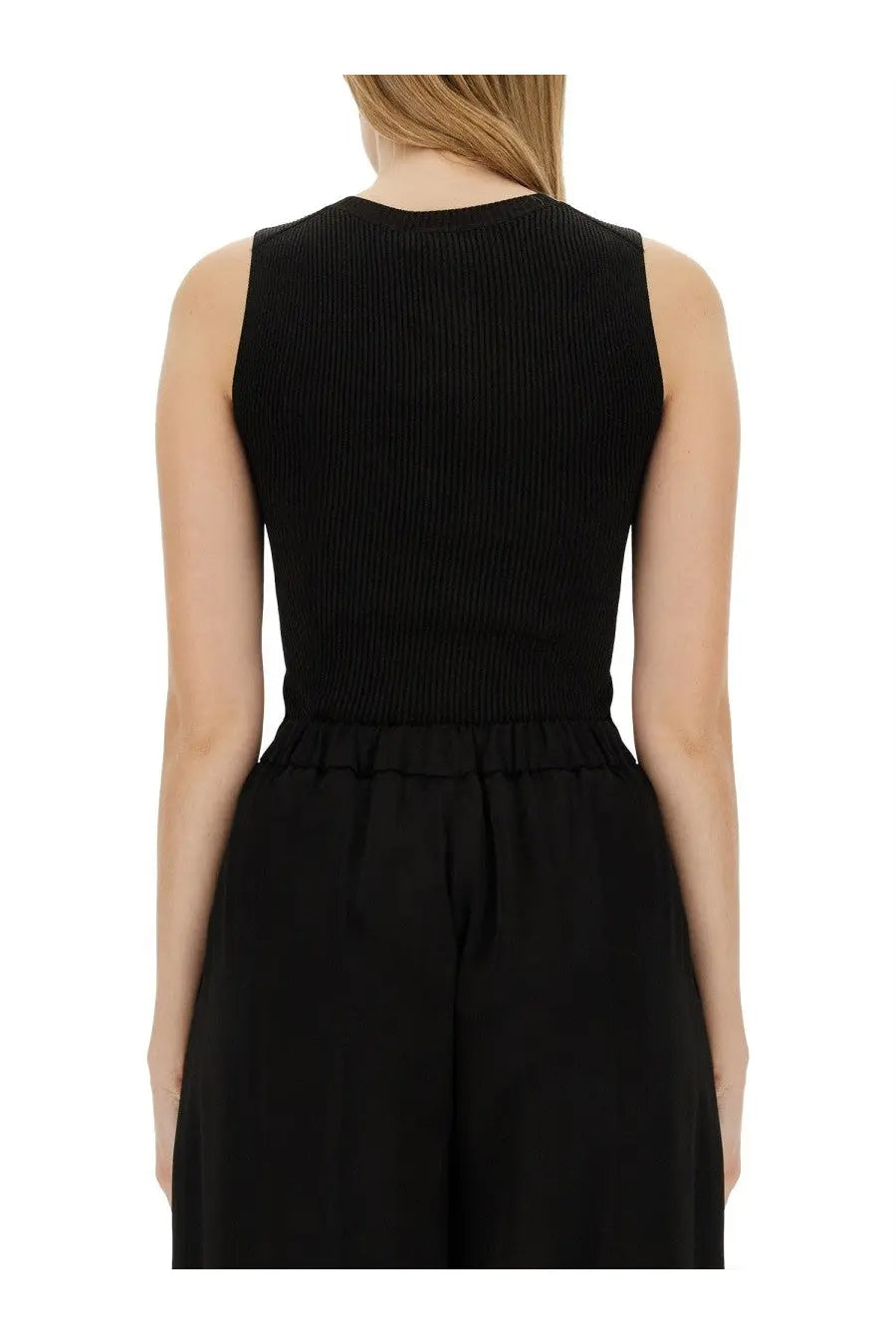 Fabiana Filippi women’s black ribbed knit sleeveless top with gathered waistband perfect for stylish layering