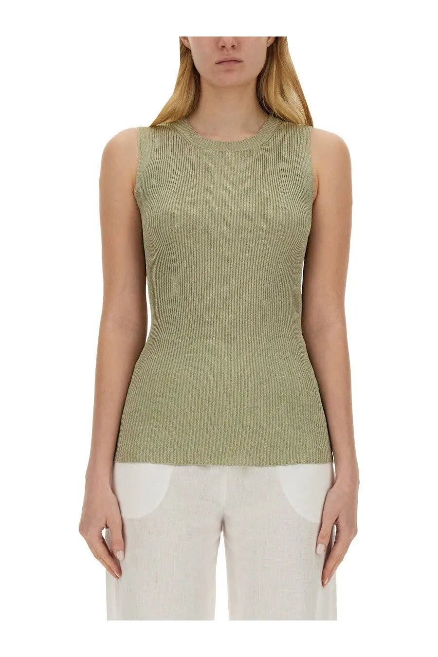 Fabiana filippi women’s sleeveless ribbed knit top in soft olive green perfect for casual wear
