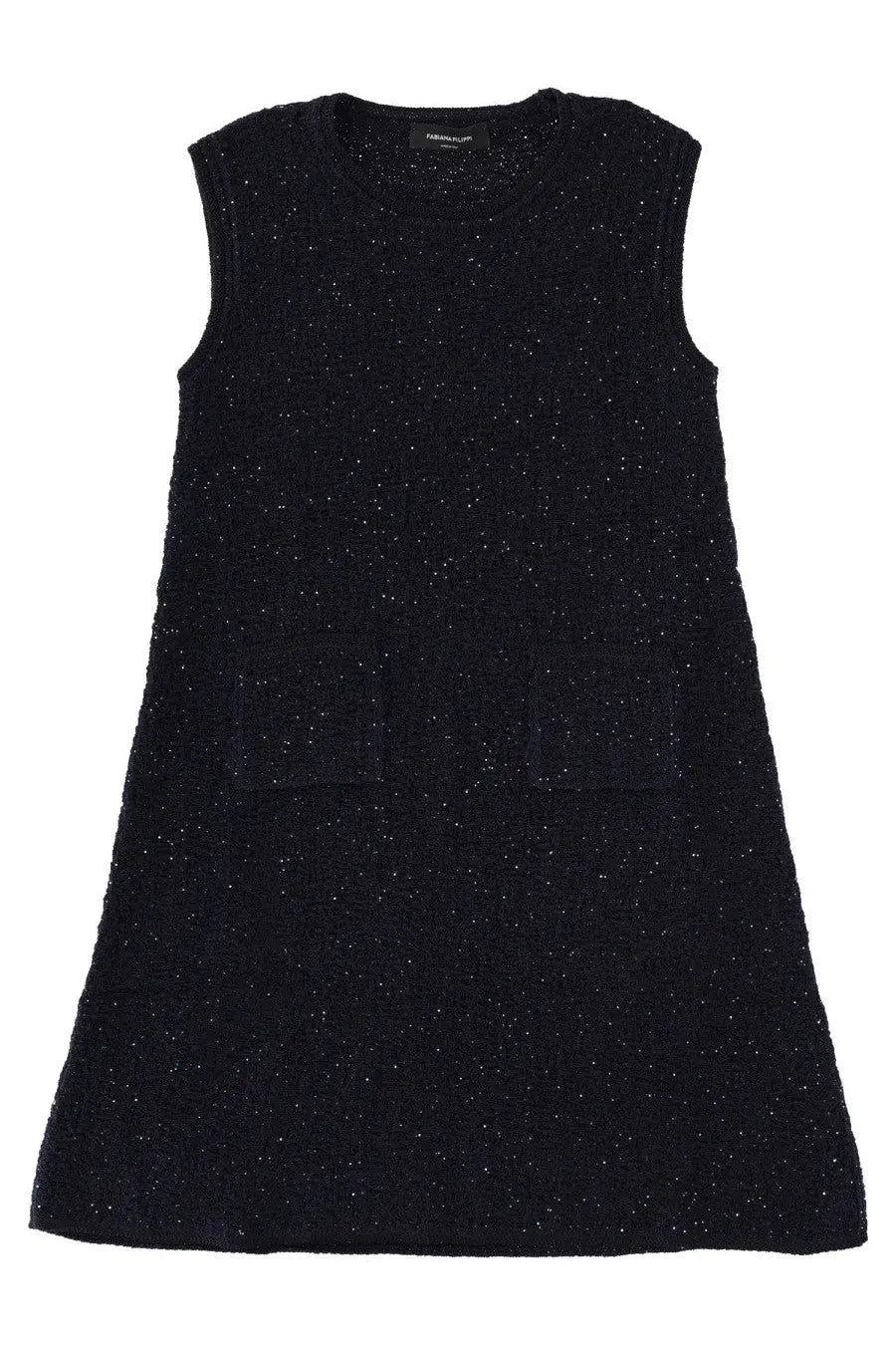 Fabiana Filippi women’s black sleeveless knit mini dress with subtle glittery speckles and two front patch pockets