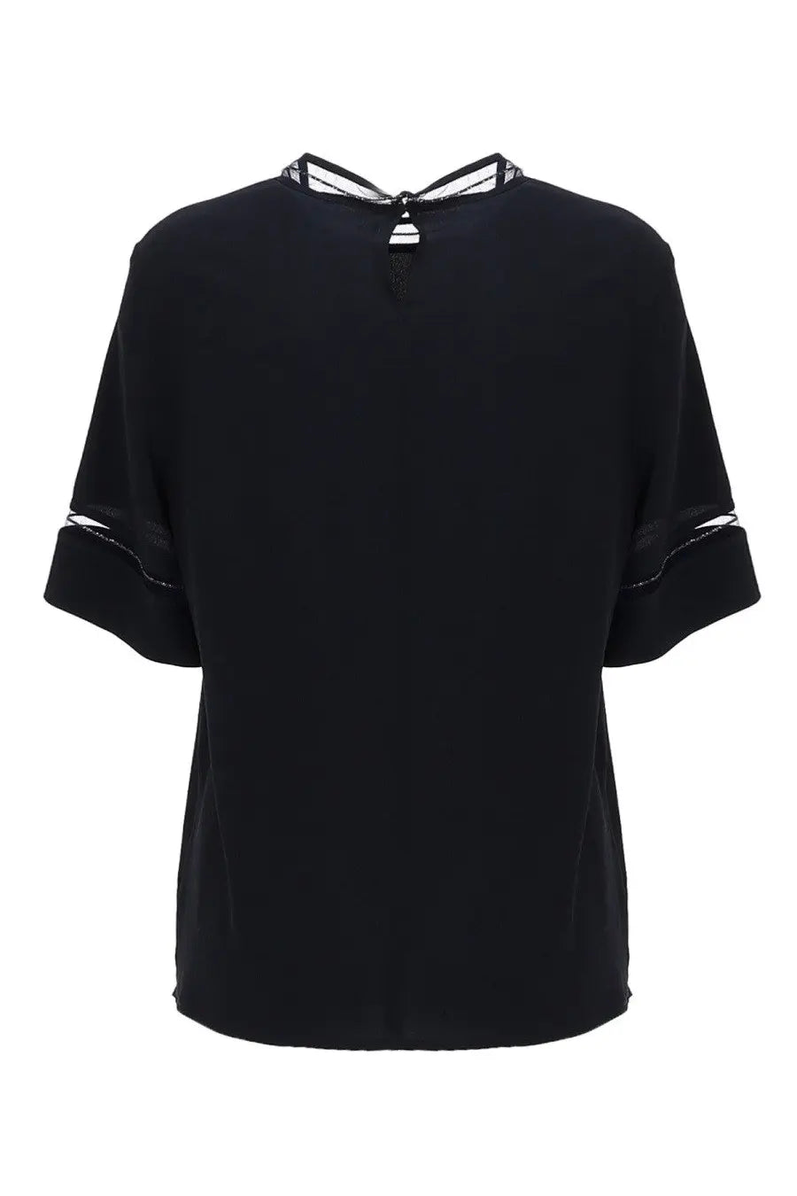 Fabiana Filippi women’s black short-sleeved blouse with satin finish and white lace trim at neckline and cuffs