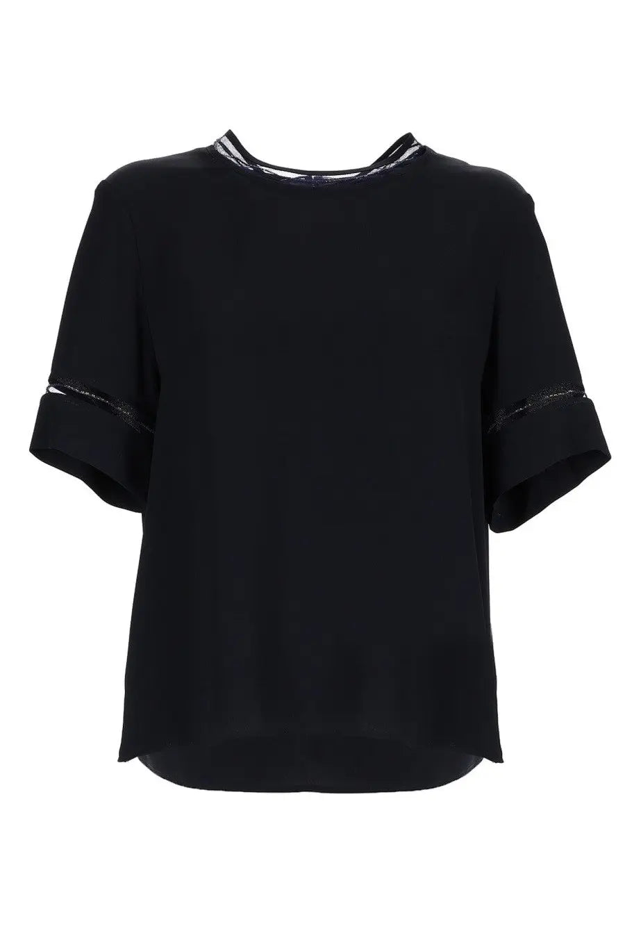 Fabiana Filippi women’s black silk blouse with subtle silver trim along neckline and sleeve cuffs