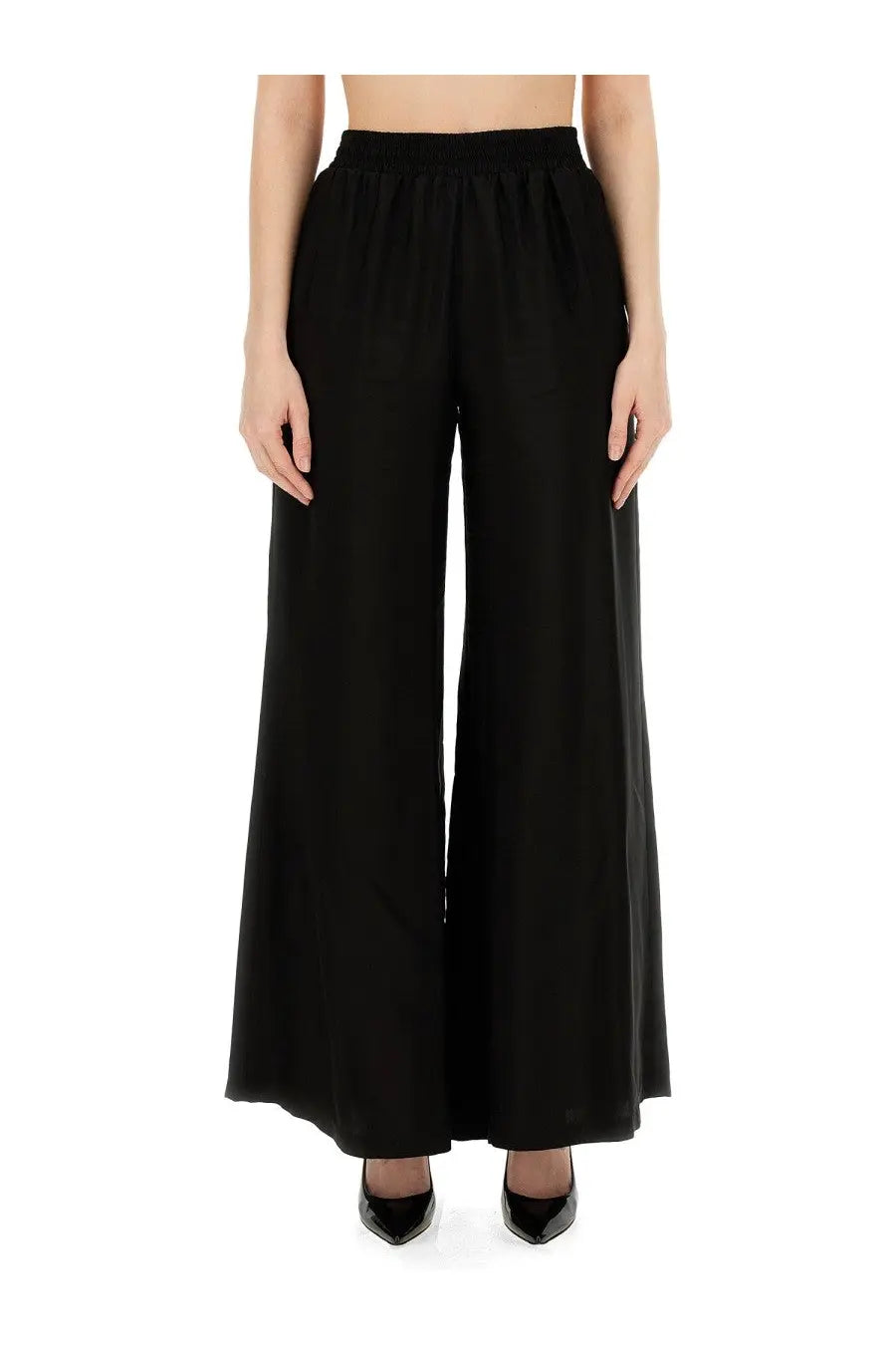 Fabiana Filippi women’s black wide-leg pants with high-waisted elastic band and flowing smooth fabric