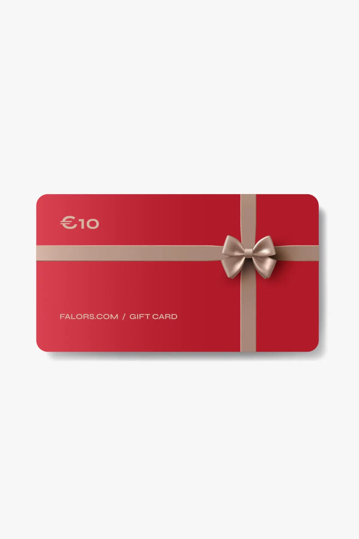 Red €10 Falors.com gift card with beige ribbon and bow
