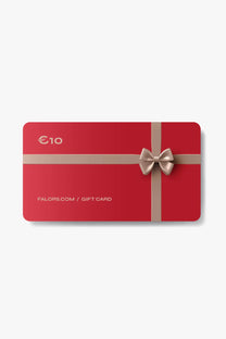 Red €10 Falors.com gift card with beige ribbon and bow