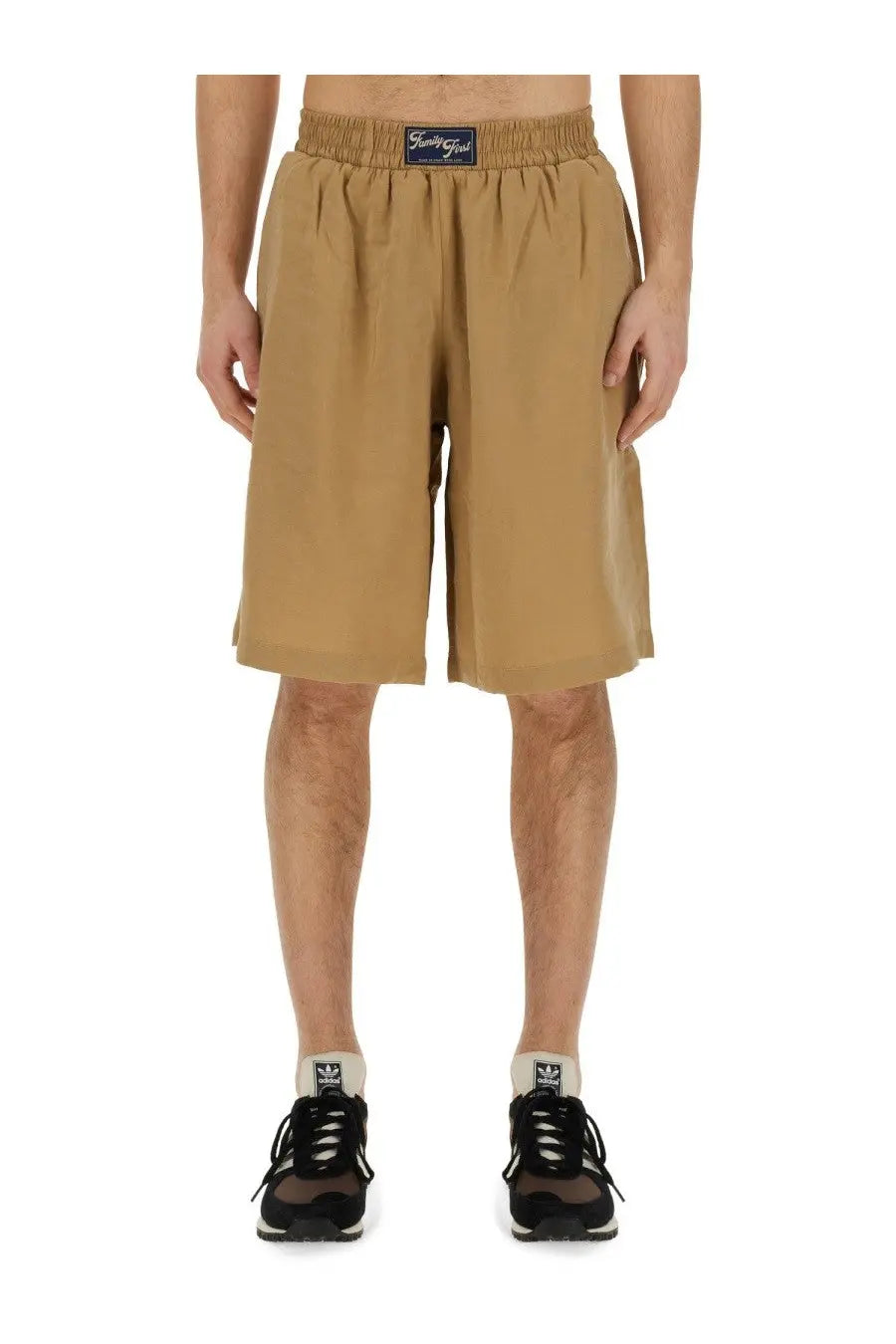 Family first men’s bermuda beige cotton shorts with elastic waistband and small blue label at the front