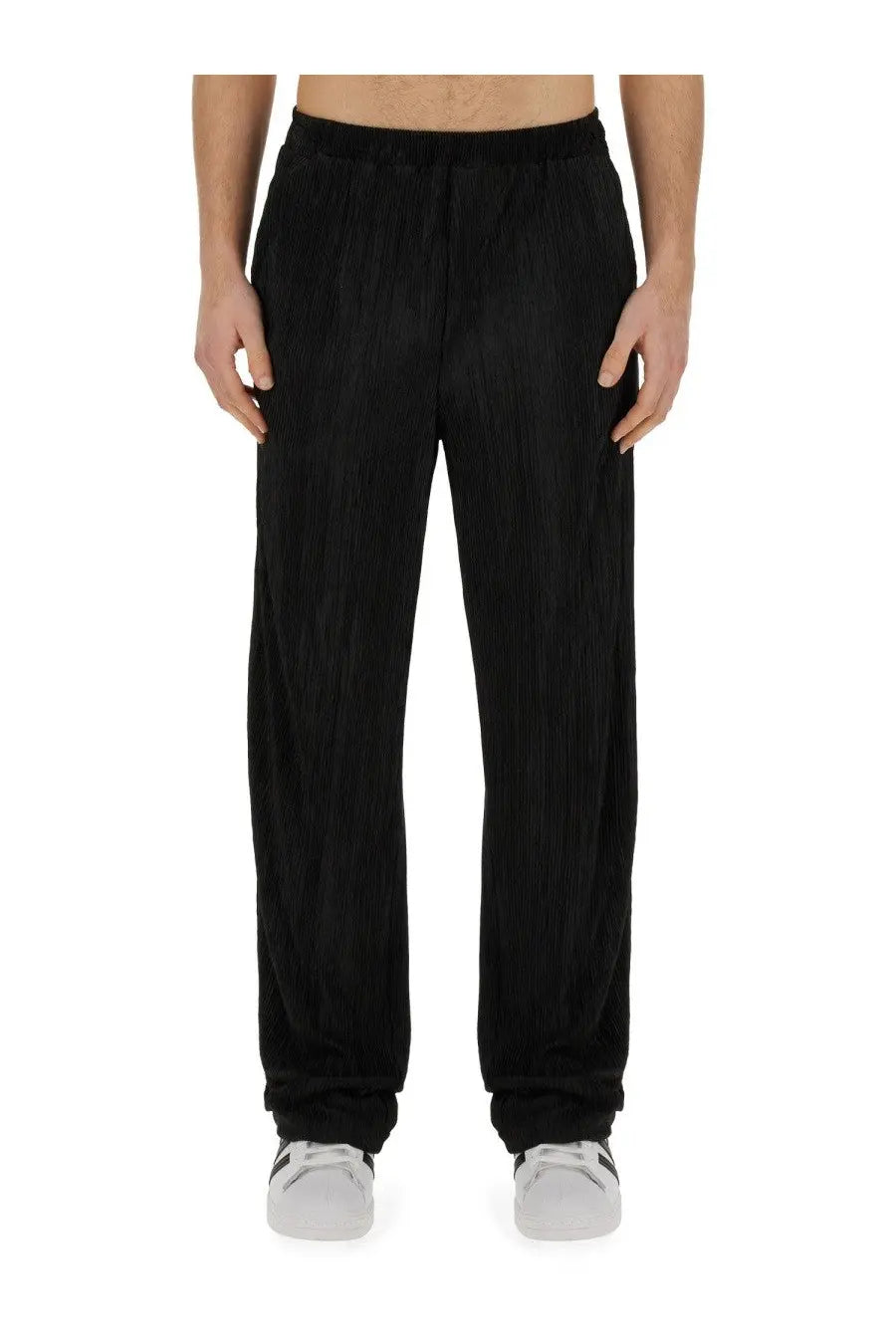Family first men’s pleated black corduroy trousers with relaxed straight-leg cut and elastic waistband front view