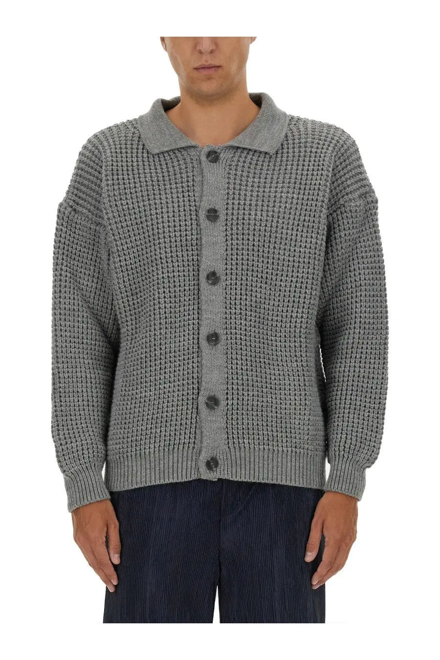 Family first men’s polo cardigan grey gray waffle knit with collar and dark buttons for casual wear