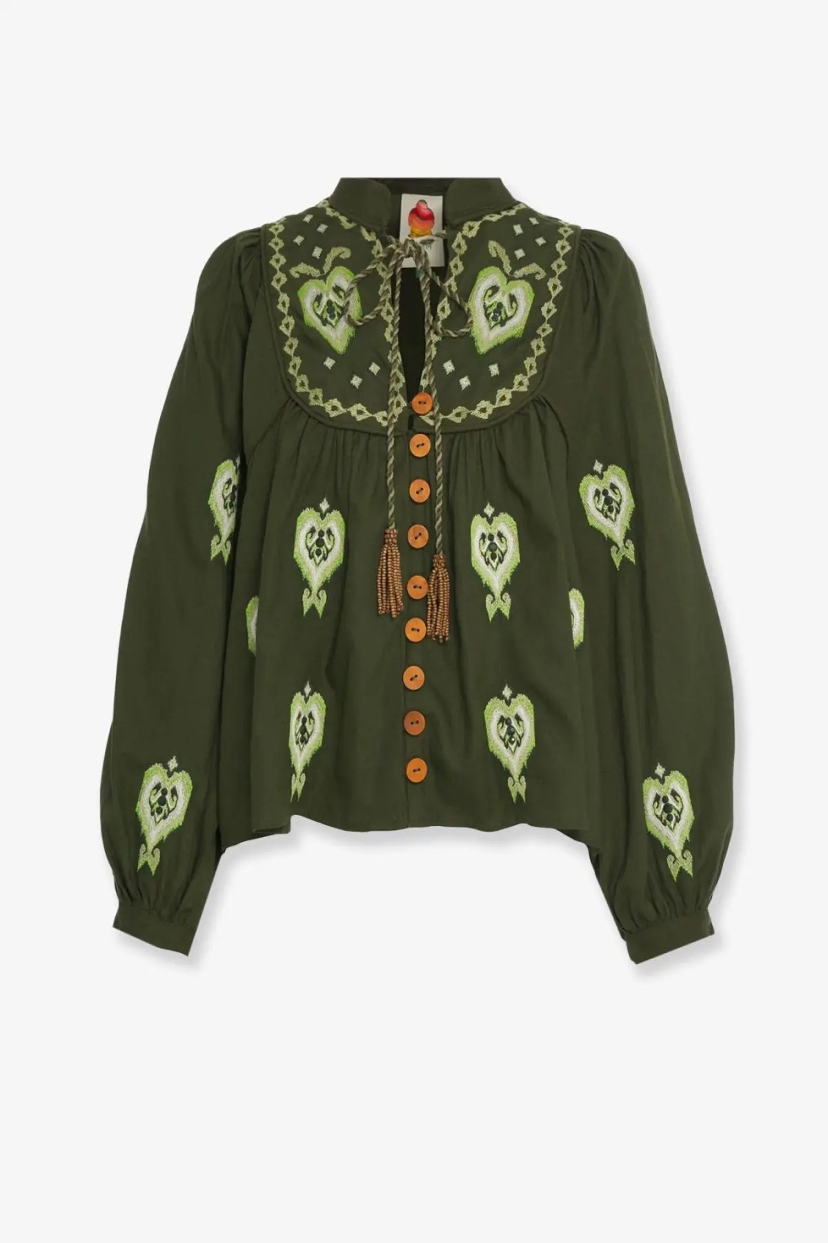 Farm rio women’s olive green embroidered puff sleeve blouse with heart motifs wooden buttons made from lenzing ecovero euroflax