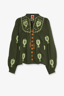 Farm rio women’s olive green embroidered puff sleeve blouse with heart motifs wooden buttons made from lenzing ecovero euroflax