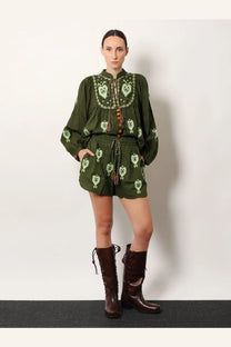 Olive green embroidered romper with heart motifs and drawstring waist from farm rio womens linen shirt collection