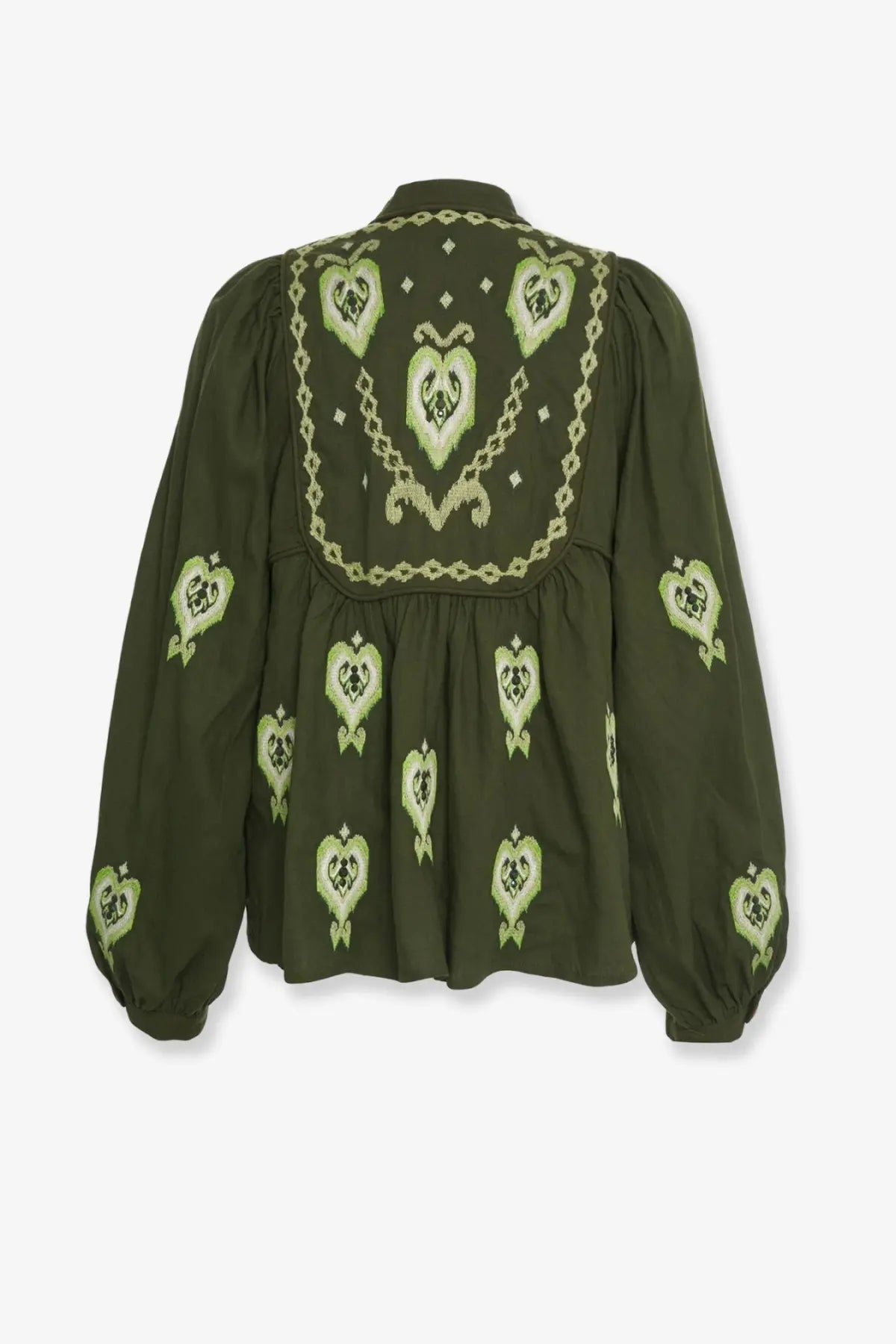 Farm rio women’s olive green embroidered puff sleeve blouse with heart motifs in lighter thread made from lenzing ecovero euroflax