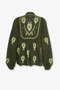 Farm rio women’s olive green embroidered puff sleeve blouse with heart motifs in lighter thread made from lenzing ecovero euroflax