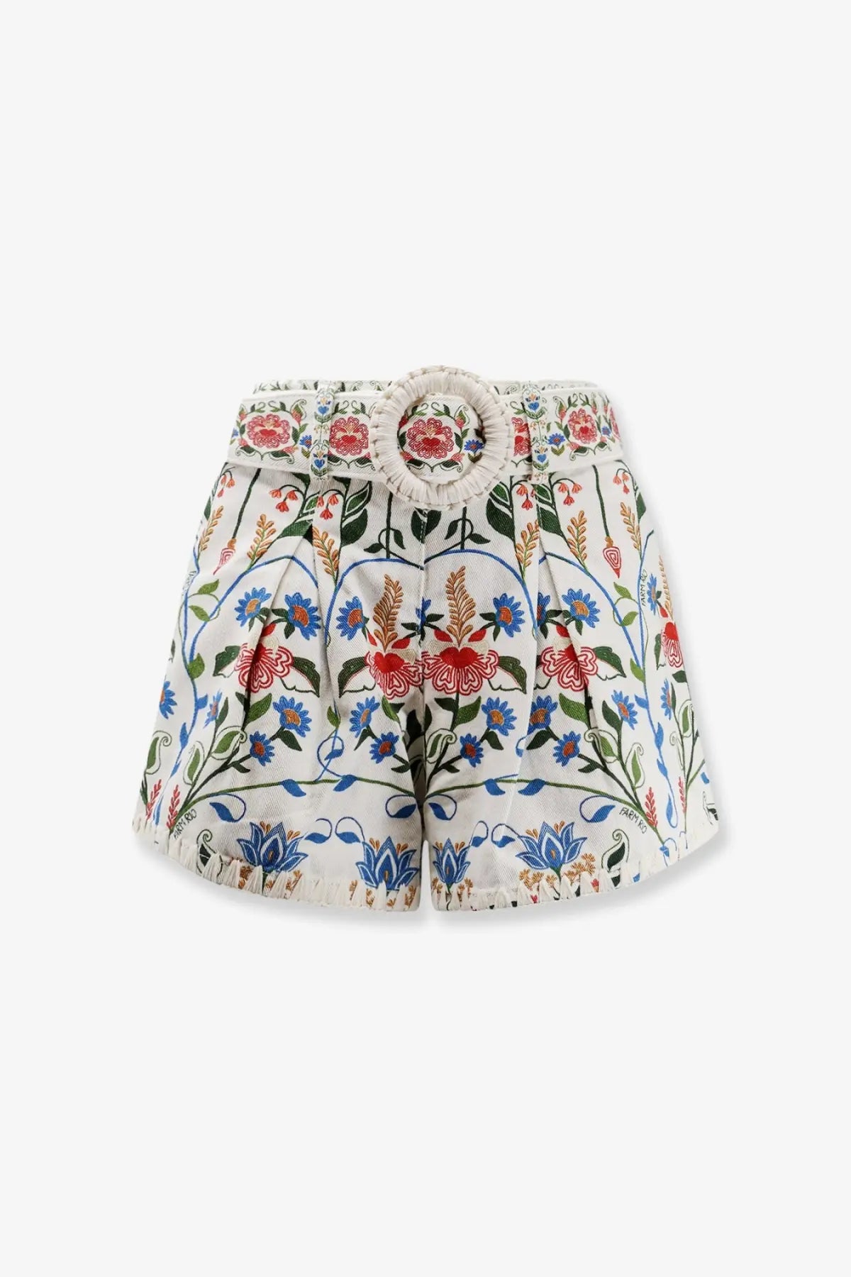 Farm rio women’s fraga multicolor cotton shorts white with vibrant red blue green floral pattern and woven belt buckle