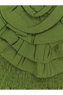 Farm rio women’s green linen and viscose top showing olive green ruffled fabric with gathered elasticated waistband
