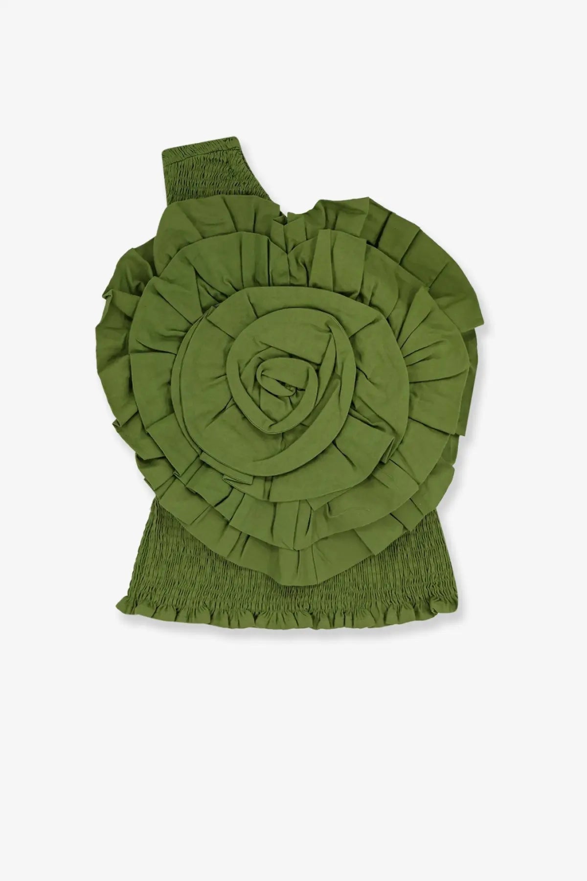 Farm rio women’s green linen and viscose one-shoulder top with large layered ruffled rose embellishment