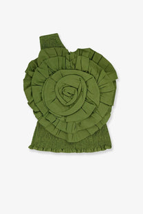 Farm rio women’s green linen and viscose one-shoulder top with large layered ruffled rose embellishment