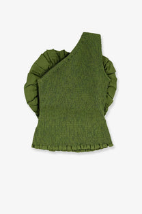 Farm rio women’s olive green linen and viscose one-shoulder smocked top with ruffled sleeves and hem