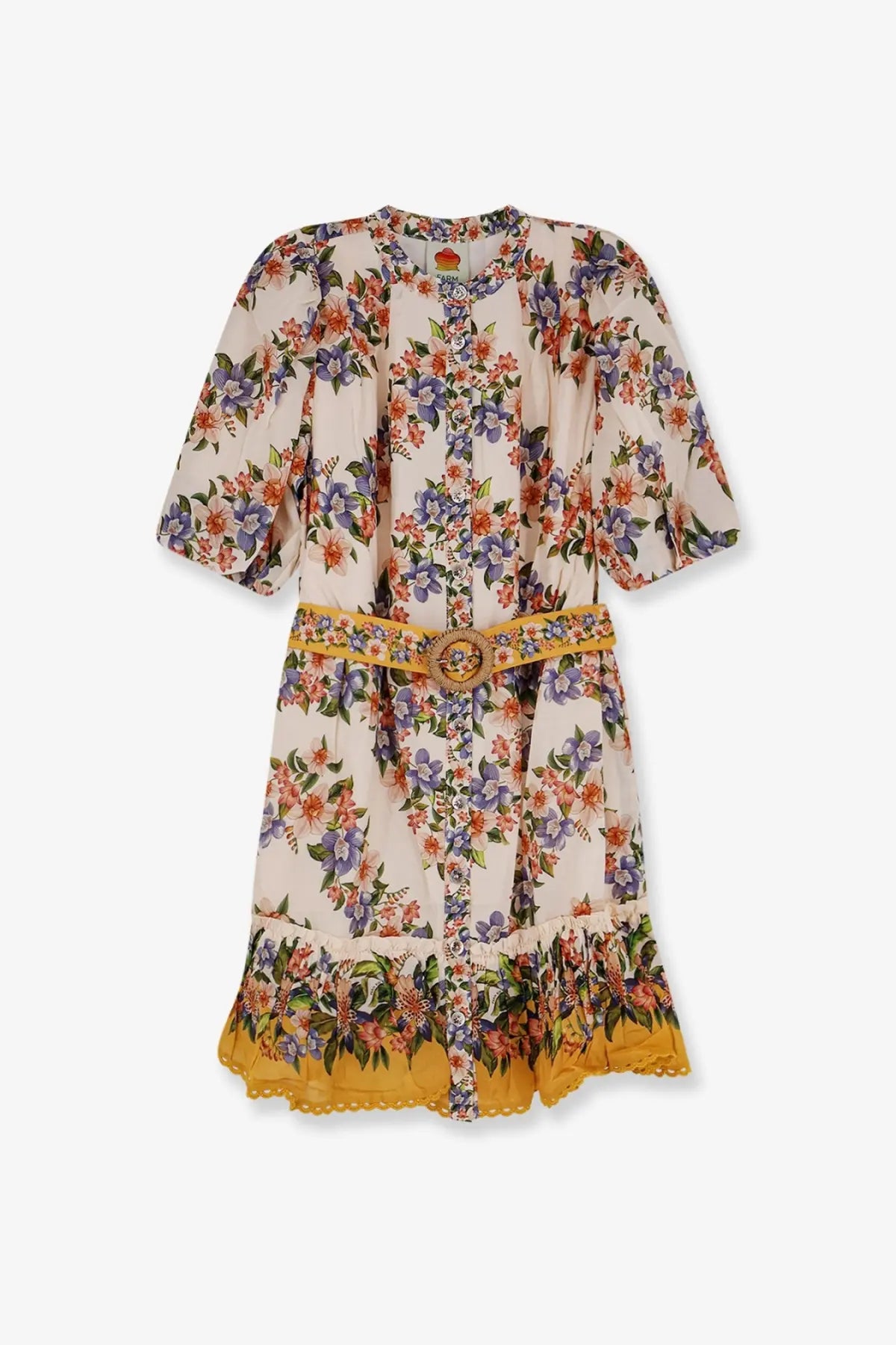 Farm Rio women’s Hilo cotton and viscose dress beige with floral print puff sleeves and yellow belt