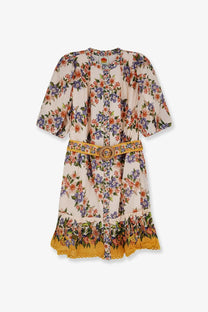 Farm Rio women’s Hilo cotton and viscose dress beige with floral print puff sleeves and yellow belt