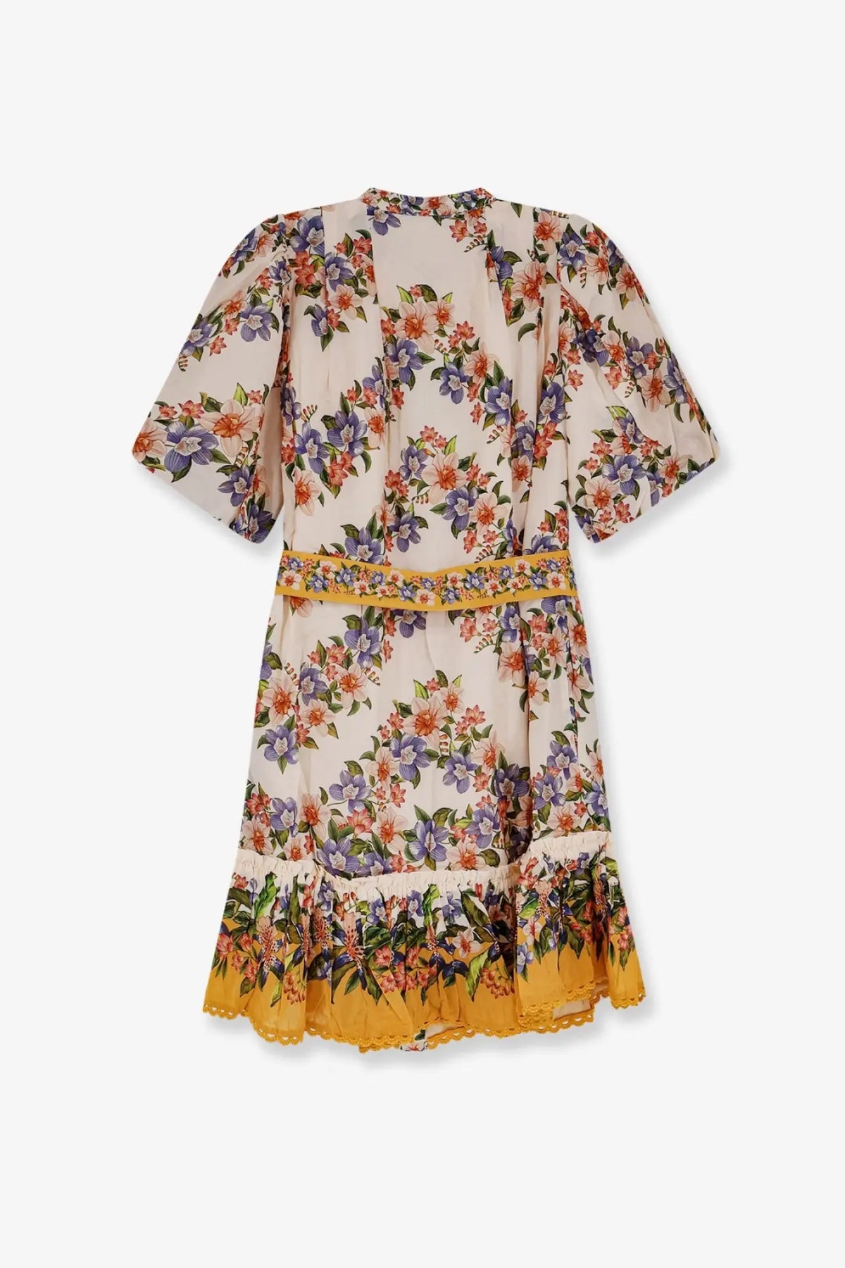 Farm rio women’s hilo cotton and viscose dress beige with mustard yellow floral print, short puffed sleeves, fitted waistband, and ruffled hem