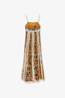 Farm rio women’s hilo multicolor cotton dress beige with flowing off-white maxi skirt mustard yellow bodice and floral stripes