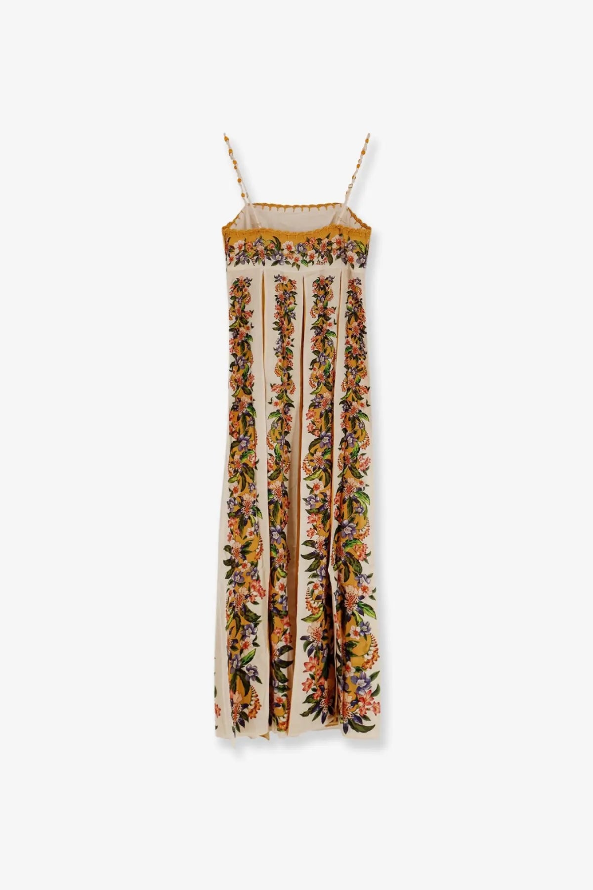 Farm Rio women’s hilo beige cotton maxi dress with delicate spaghetti straps and vibrant floral pattern