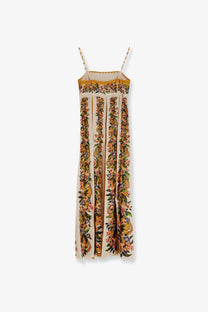 Farm Rio women’s hilo beige cotton maxi dress with delicate spaghetti straps and vibrant floral pattern